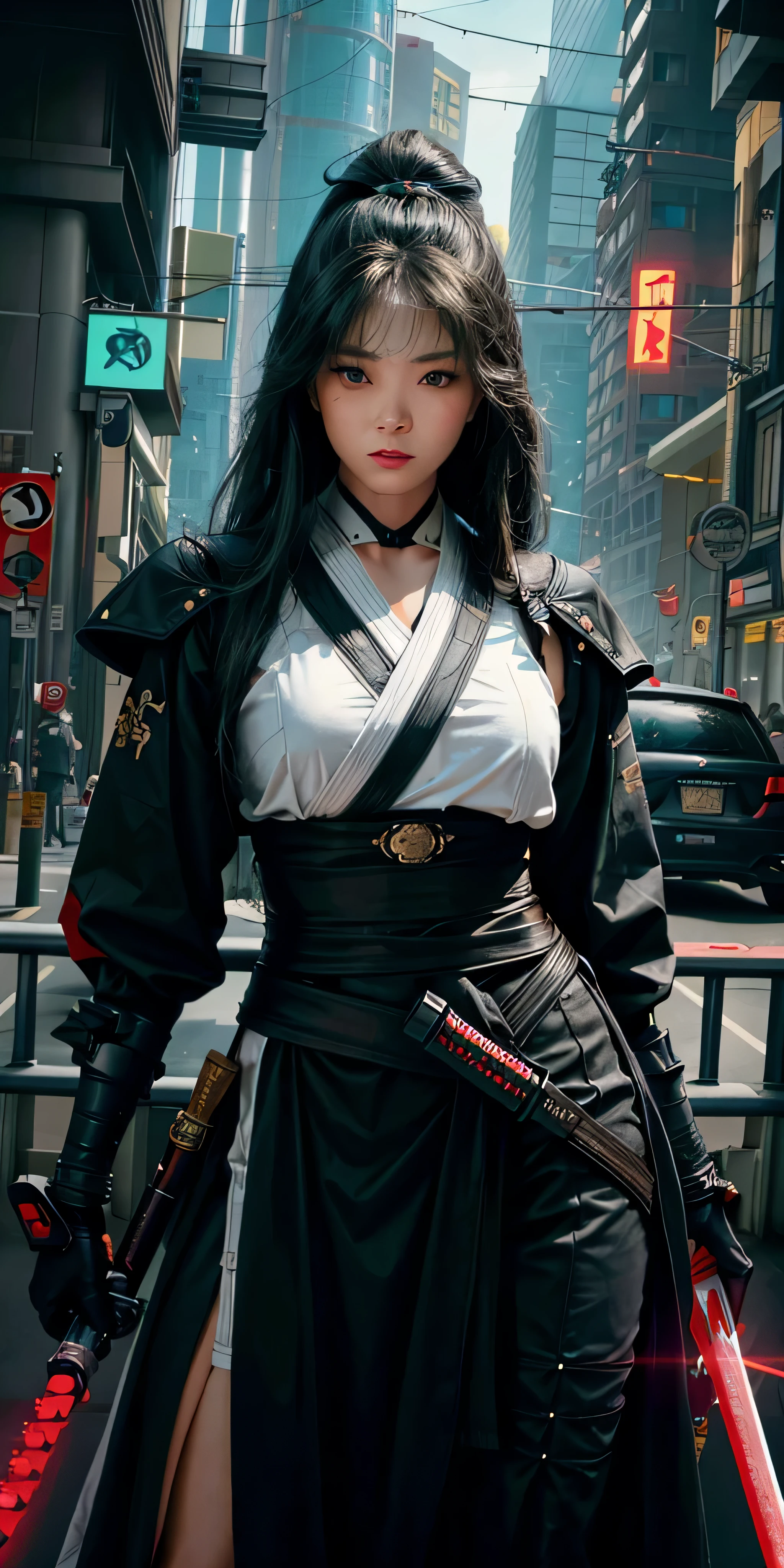 fotorealistisch, Hohe Auflösung, Sanftes Licht,1Frauen, Allein, Hüften hoch, (Detailliertes Gesicht), schwarze lange Haare, cybersamurai, cyborg, cyberpunk,  cyber armor, Waffe halten,glühend,Auf der Strasse , Kimono , Scharfschütze mit Blick auf das Ziel, Katana