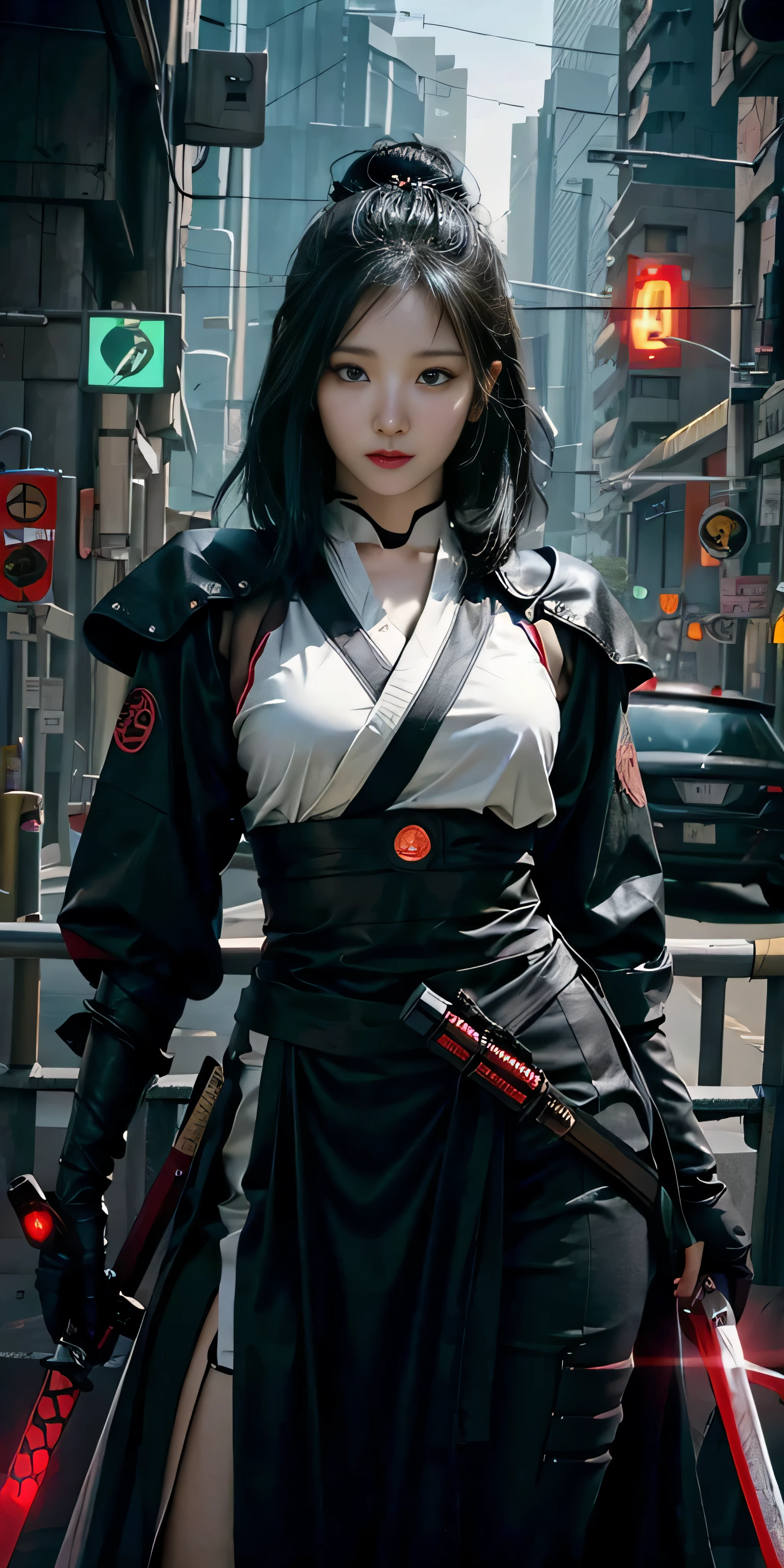 photorealistic, high resolution, soft light,1women, solo, hips up, (detailed face), black long hair, cybersamurai, cyborg, cyberpunk,  cyber armor, holding weapon,glowing,on the street , kimono , sniper looking at the target, katana