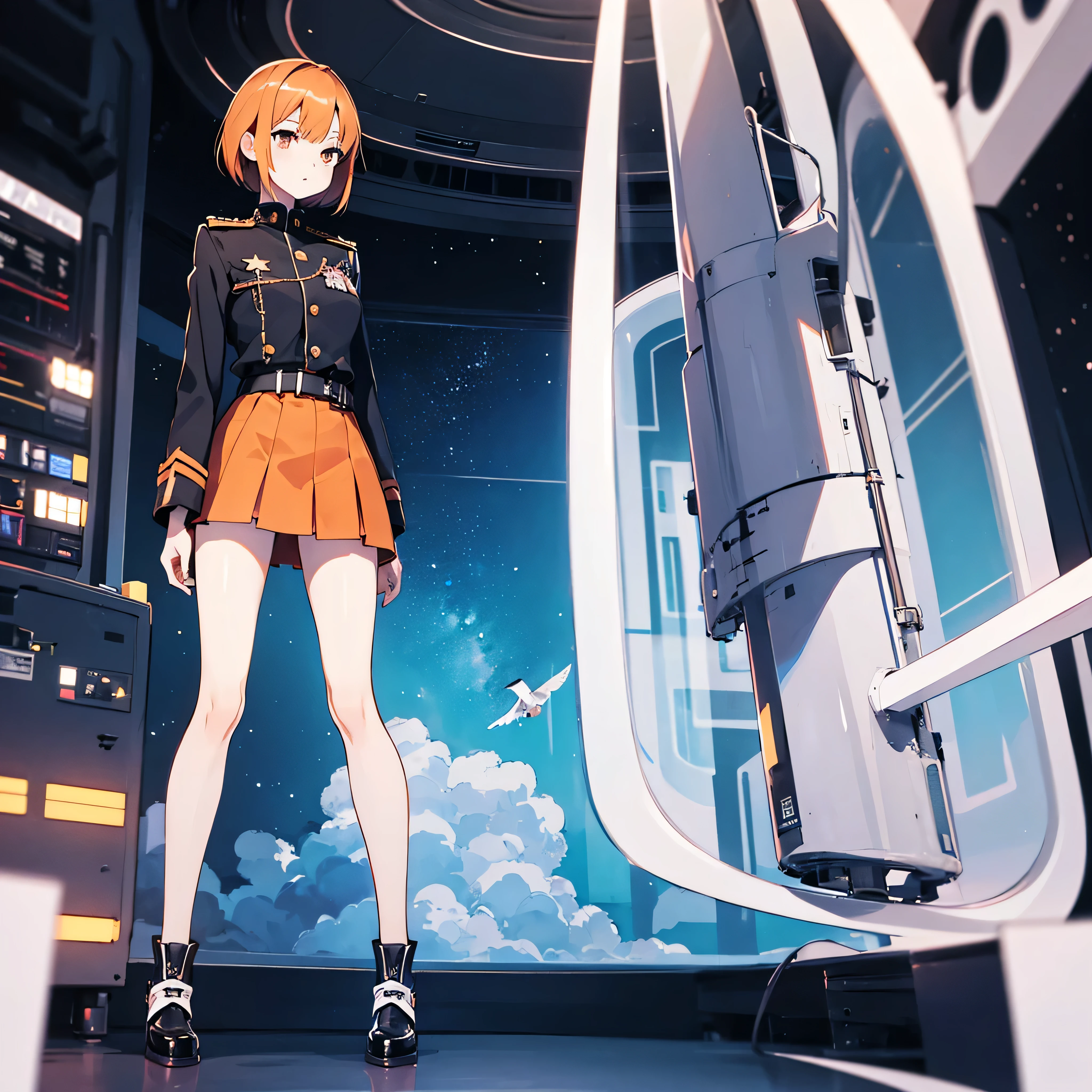 (solo), 1 childish girl standing in space ship, galaxy in distance, military uniform, very short skirt, orange short hair, long sidelocks, narrow shoulders, narrow waist, skinny long legs, thigh gap, pigeon toed