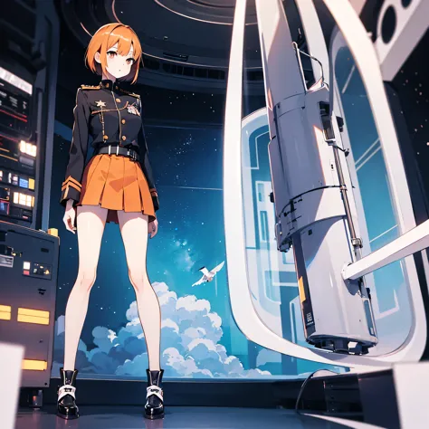 (solo), 1 childish girl standing in space ship, galaxy in distance, military uniform, very short skirt, orange short hair, long ...
