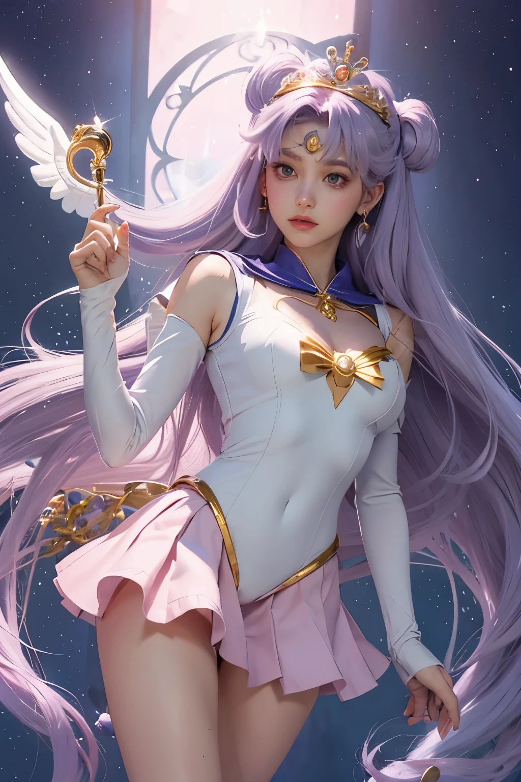 femme sailor moon, buste moyent et couvert, uniforme sailor moon, kawaii, cheveux rose, bleu, mauve en pastel très long, christal castle, vibrant avec 4 longues aile d'ange dans le dos, immense sceptre argenté, huge gold crystal, silver crown on the head