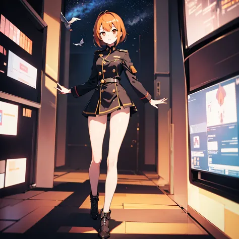 (solo), 1 childish girl standing in space ship, galaxy in distance, military uniform, too short skirt, orange short hair, long s...