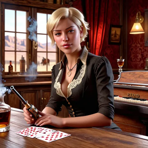 short haired female cowboy in a saloon in the old west,blonde,sitting,smoking pipe,table wisky,piano,6 bullet revolver,barrel,ta...