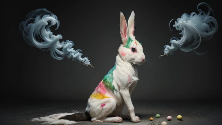 Evil Easter bunny surrounded by smoke, inspired by the works of Théodore Géricault and Hieronymus Bosch, encapsulating a sense of peace and serenity through vivid colors and lifelike details.

Explanation:
- Evil Easter bunny: The central subject of the artwork, representing a mischievous and dark interpretation of the traditionally cheerful Easter bunny.
- Smoke: The surrounding atmosphere, filled with thick smoke that adds a sense of mystery and unease to the scene.
- Theodore Gericault: The artistic influence for the composition and style of the artwork, drawing upon the dramatic and emotional works of the renowned French Romantic painter.
- Peace: Despite the sinister portrayal of the Easter bunny, the artwork aims to convey a sense of peace and tranquility, providing a contrasting element to the overall theme.
- Hieronymus Bosch: Another artistic inspiration, incorporating elements of Bosch's surreal and fantastical imagery to create a visually intriguing composition.
- (best quality,4k,8k,highres,masterpiece:1.2): The desired image quality, emphasizing the importance of high-resolution and masterfully crafted details in the final artwork.
- ultra-detailed: Describing the level of detail present in the artwork, ensuring that every aspect of the scene is meticulously rendered.
- (realistic,photorealistic,photo-realistic:1.37): The desired artistic style for the artwork, striving to achieve a realistic and lifelike representation of the subject.
- vivid colors: The color palette of the artwork, focusing on vibrant and eye-catching hues to create a visually striking composition.
- portraits: The specific artistic genre that the artwork falls into, portraying the evil Easter bunny as a menacing character in a portrait-like manner.
- HDR: The desired lighting technique, implementing high dynamic range (HDR) imaging to enhance the overall visual impact and realism of the scene.
- studio lighting: The specific lighting setup used during the creation of the artwork, en