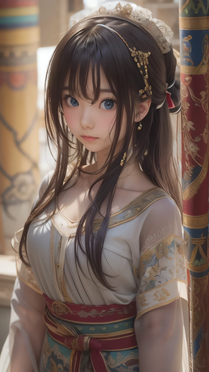 (Raw photo, highest quality), (realistic, Photo realistic: 1.3), highest quality, very detailed, masterpiece, hyper detail, figure, 1 girl, picture frame, upper_body, dynamic angle, World masterpiece Theater, Messy_length_hair, highest quality, very detailed CG 統合 8k 壁紙, ink, wonderful, cinematic lighting, lens_flare,Dunhuang_style