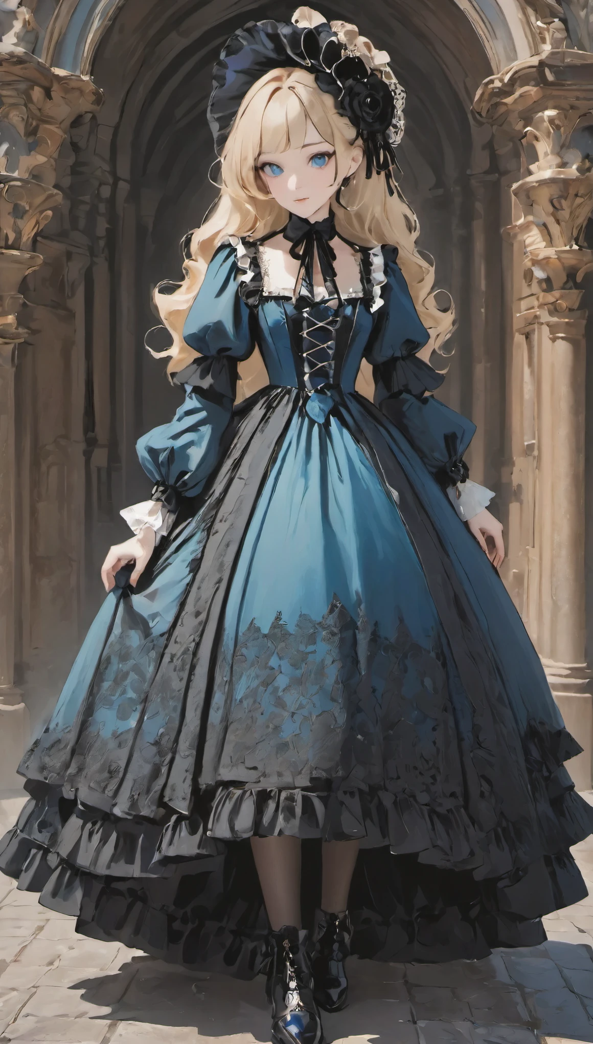 woman wearing dress and boots ,small face、 baroque dress, Wearing an elaborate steampunk dress, elegant gothic princess, victorian gothic lolita fashion, historical baroque dress dark, black gothic lolita dress, fantasy style clothing, rococo dress, black rococo,  fantasy costume, wearing a gothic dress, romantic dress, gothic dress,blonde,,(((upper body portrait)))blue eyes