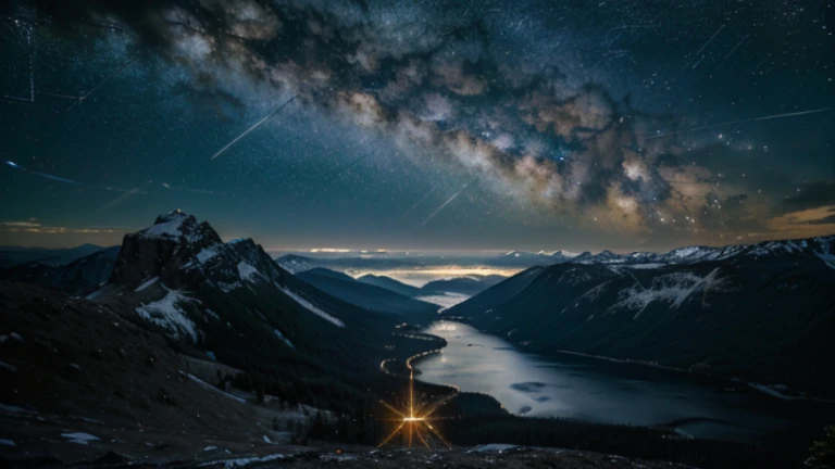 a beam of light shooting up into a starry night sky with the Milky Way visible above a landscape of dark mountains and a sea of clouds, surrounded by a dense forest