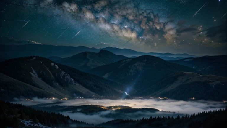 a beam of light shooting up into a starry night sky with the Milky Way visible above a landscape of dark mountains and a sea of clouds, surrounded by a dense forest