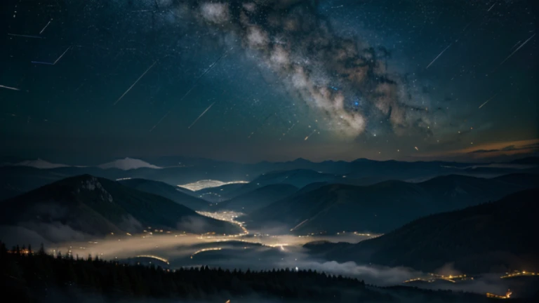 a beam of light shooting up into a starry night sky with the Milky Way visible above a landscape of dark mountains and a sea of clouds, surrounded by a dense forest