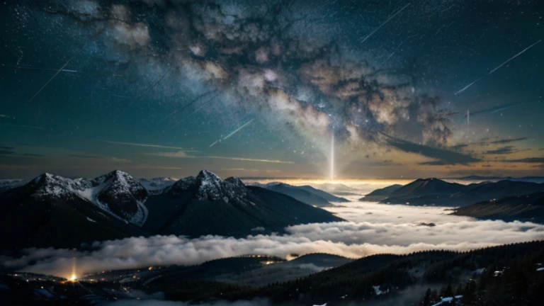 a beam of light rising into a starry night sky, with the Milky Way visible above a landscape of daylit mountains and a sea of clouds, surrounded by a dense forest