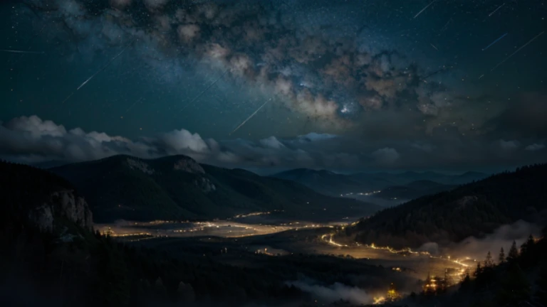 a beam of light rising into a starry night sky, with the Milky Way visible above a landscape of daylit mountains and a sea of clouds, surrounded by a dense forest