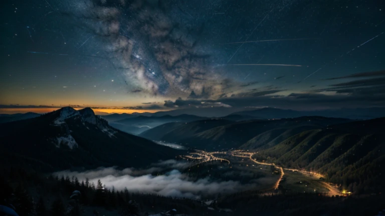 a beam of light rising into a starry night sky, with the Milky Way visible above a landscape of daylit mountains and a sea of clouds, surrounded by a dense forest