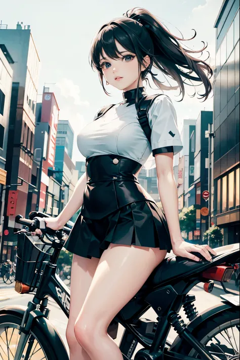 Japan riding a bicycle,The miniskirt is riding up、white panties、ponytail、beautiful thighs、Her knees are up、I can see white pants...