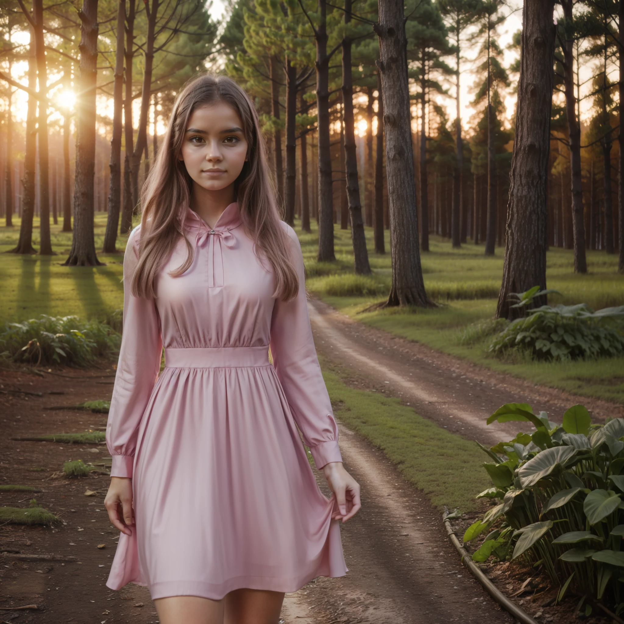 年輕女子看著相機, 粉紅色的裙子, 充滿神秘氣氛的春天森林, 灿烂的夕阳