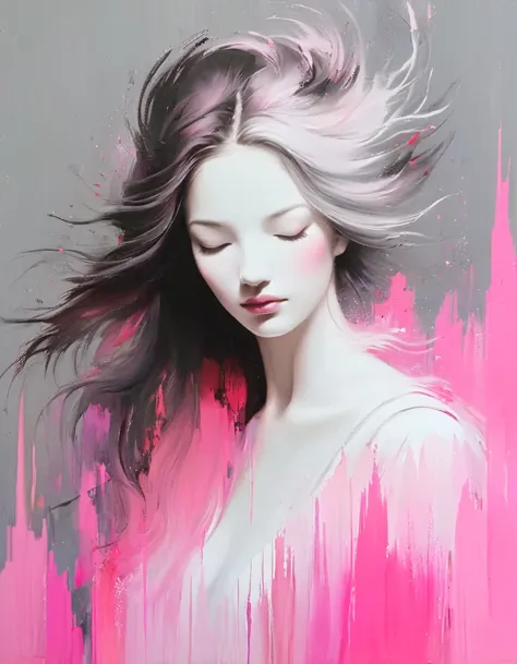 glitch style，white on white painting of a faceless woman with no eyes, nose or mouth, her face is gone, just a smear, her hair i...