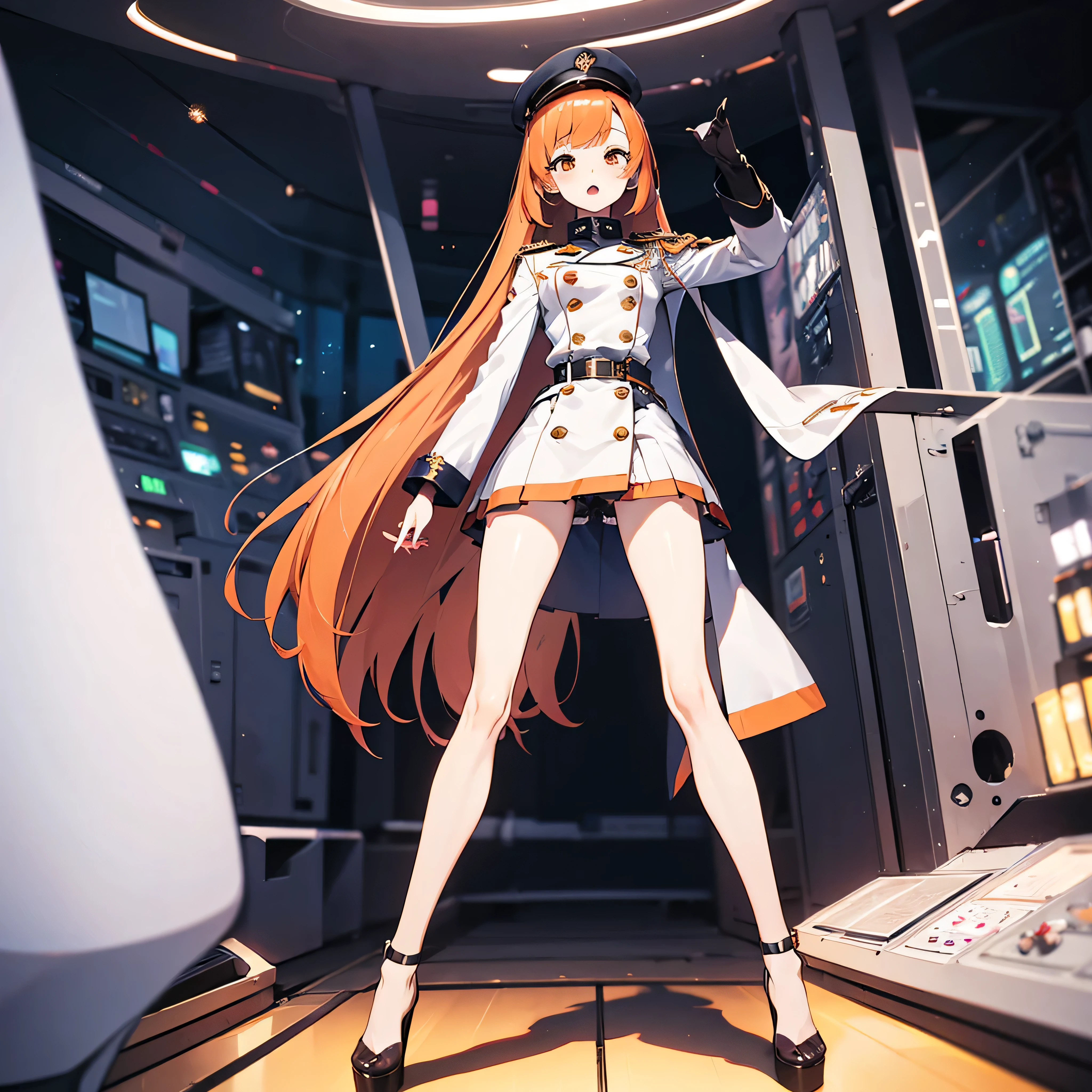 (solo:1.2), 1 childish girl standing in space ship, galaxy in distance, military uniform, too short skirt, (short orange hair), (very long sidelocks), narrow shoulders, narrow waist, skinny long legs, thigh gap, pigeon toed, (nsfw:0.5), orgasm, pussy juice