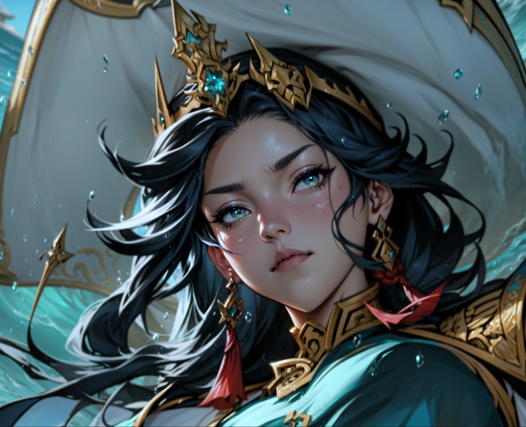 A group of anime characters holding swords, Queen of the Sea Mu Yanling, One Piece, character splash art, League of Legends style, League of Legends art style, wild rift, Legends of Runeterra, mobile legends, g liulian art style, Official splash art,In the sea，huge waves，Behind the boat，Heavy rain day，On the sea，clear structure，Exquisite facial features，captain，Caribbean