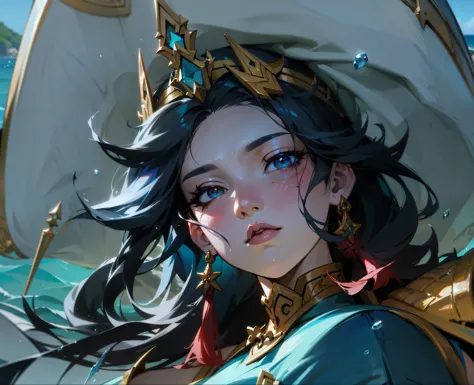 A group of anime characters holding swords, Queen of the Sea Mu Yanling, One Piece, character splash art, League of Legends styl...