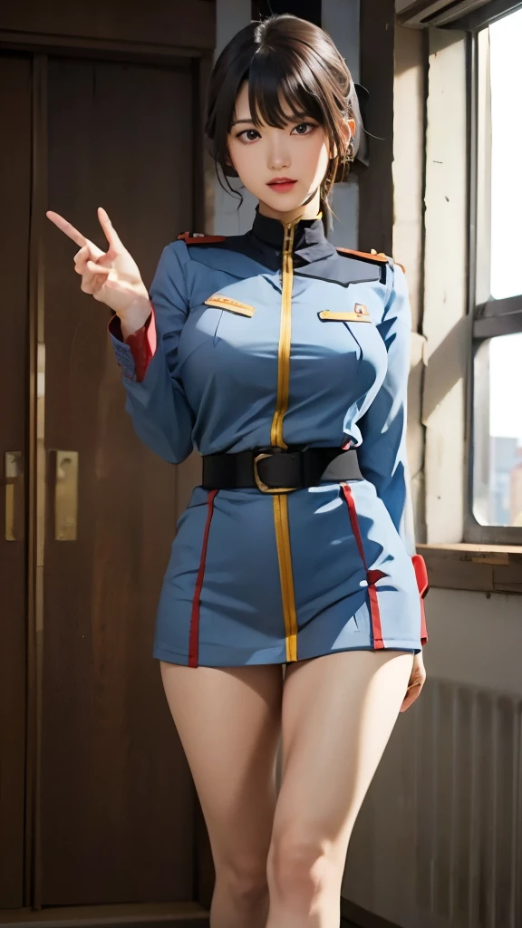 1 girl、Beautiful female officer of the Earth Federation Forces、black short hair、Idol class cuteness、baby face、Attach operator intercom to head、accurately drawn face、Slender but big breasts、healthy thighiniskirt type Earth Federation Forces uniform、knee high、Inside the bridge of a battleship、anatomically correct、precise fingers、exact limbasterpiece、Photorealise