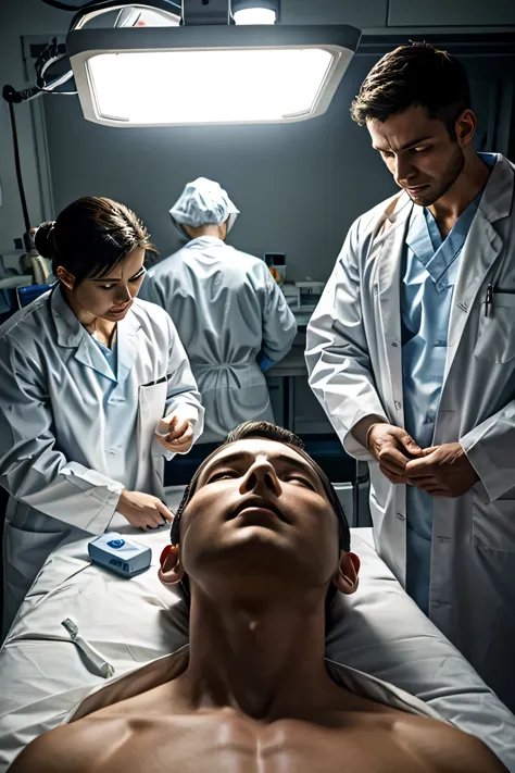 title: neurosurgery scene: men in white coats performing brain surgery in a dimly lit environment

description: generate an imag...