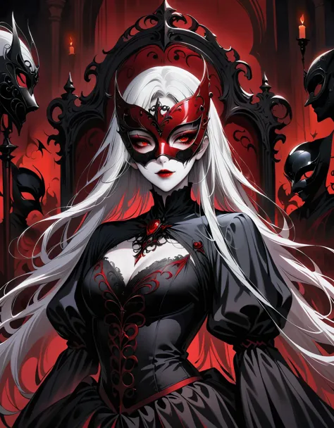 (best quality:1.2), stunningly detailed eyes, blood-red lips, long flowing hair, pale skin, gothic attire, elegant posture, myst...