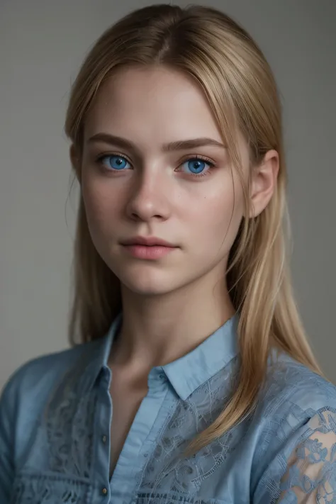 Breathtaking cinematic still headshot of a 15 year old girl with blonde hair and blue eyes, blue filigree, shirt, intricate deta...