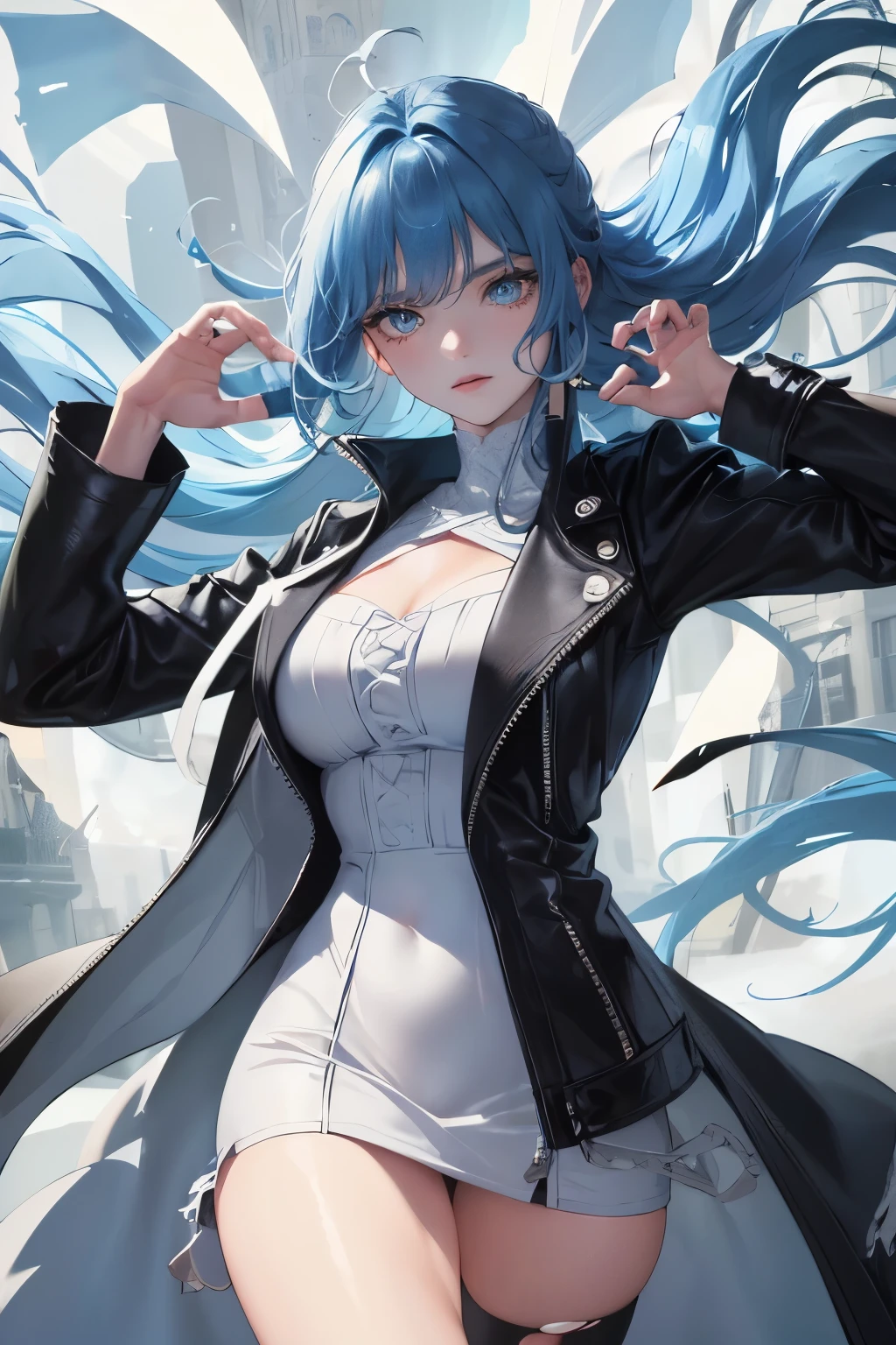 (highest resolution, clear_image) highest quality, a female's masterpiece, very detailed, semi-realistic,(most of the body), (highest quality, masterpiece, Super realistic),blue hair, wolf cut, Torn black bangs, open jacket, shadows on the eyes, long hair, wolf cutの髪, green and blue stripes in hair, Eyes down, gone crazy, cowboy view,intimidating pose、(The whole body from head to foot)、Powerful atmosphere、Sharp eyes、glare at、cool beauty、pressure、put on a white coat、Leather goods、comb your hair、final boss、adult woman、Being Calm、Great people、Hair ruffles、white dress suit、hall々walking with、gun、hold a weapon