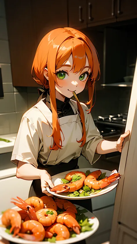 girl girl、solo、Competing Art、anime painting、orange hair、green eyes、smile、cook in the kitchen、Eating shrimp on a plate