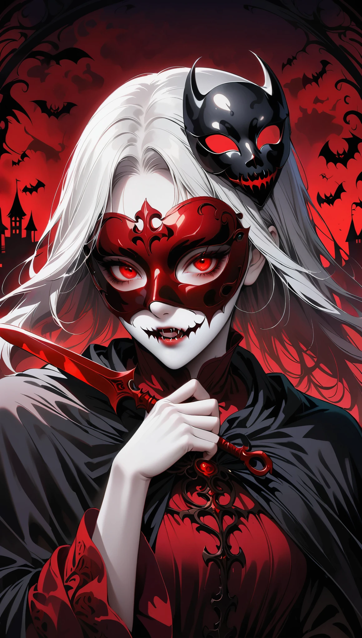vampire,holding a dagger,scissors,wearing a mask,illustration,masterpiece:1.2,ultra-detailed,horror,sharp focus,dark and mysterious lighting,red color scheme,long fangs,glowing eyes,pale skin,fierce expression,Renaissance art-style,flowing cape,blood splatters,dramatic pose,halloween vibes,gothic atmosphere,tension and suspense,intricate details,moonlit night backdrop,hauntingly beautiful,ancient castle in the background,ominous shadows