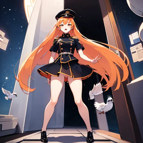 (solo:1.2), 1 childish girl standing in space ship, galaxy in distance, military uniform, too short skirt, (short orange hair), ...