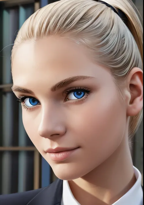 One Young Adult female, white and tender skin, pale blonde slicked back into a short ponytail, steel blue eyes, light and carefr...