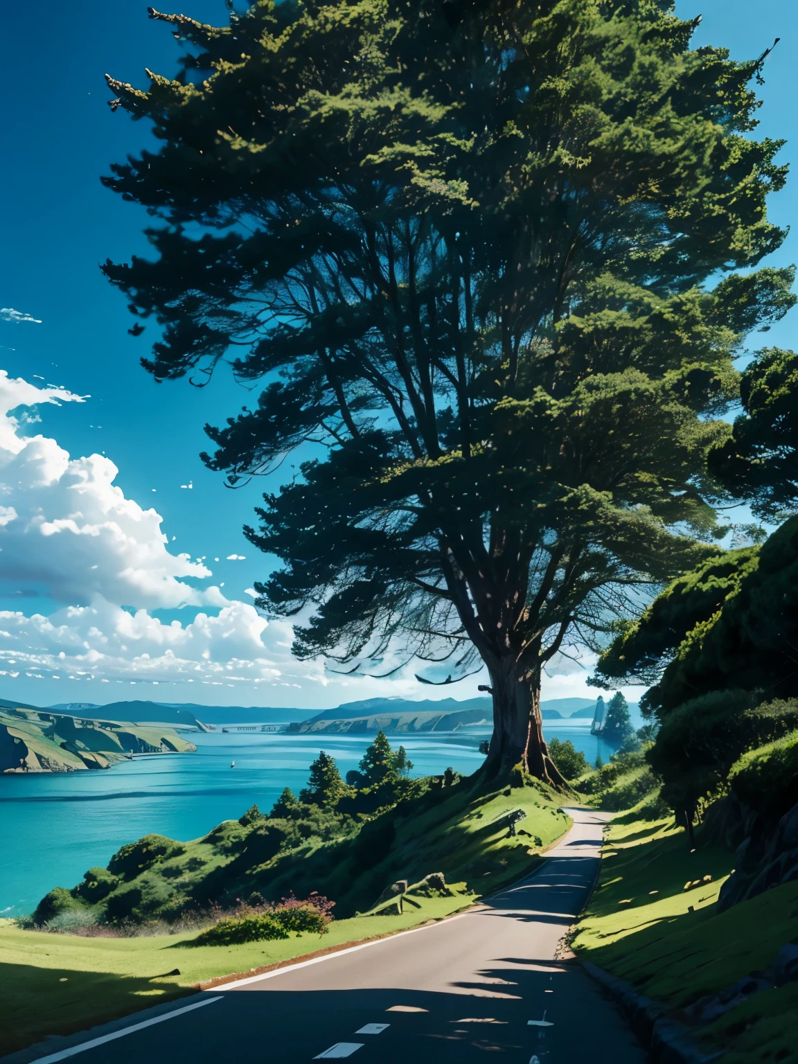 HD, Gran árbol en la cima del acantilado de una colina, Debajo de la colina, hermosa vista al mar y árboles en la calle., día soleado, verano –s 750 –c 50