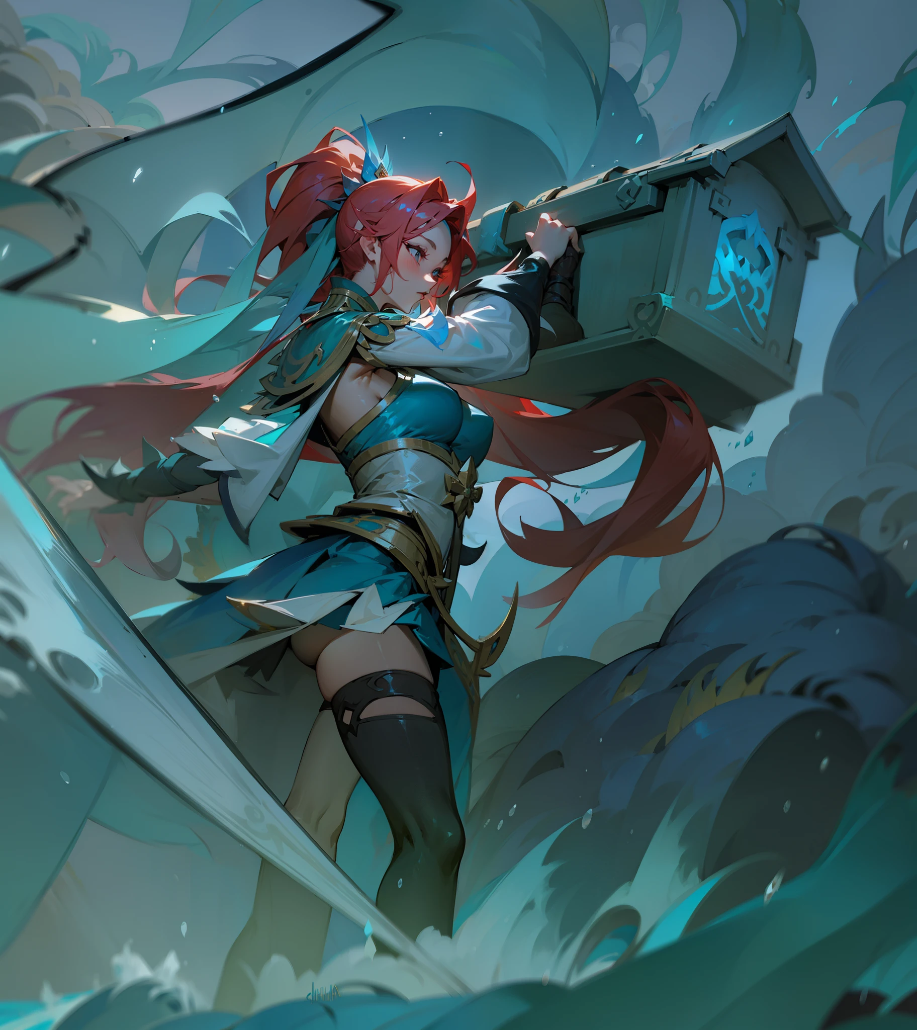a woman，Queen of the Sea Mu Yanling, One Piece, character splash art, League of Legends style, League of Legends art style, wild rift, Legends of Runeterra, mobile legends, g liulian art style, Official splash art,In the sea，huge waves，Behind the boat，Heavy rain day，On the sea，clear structure，Exquisite facial features，captain，Side back，Carrying a box