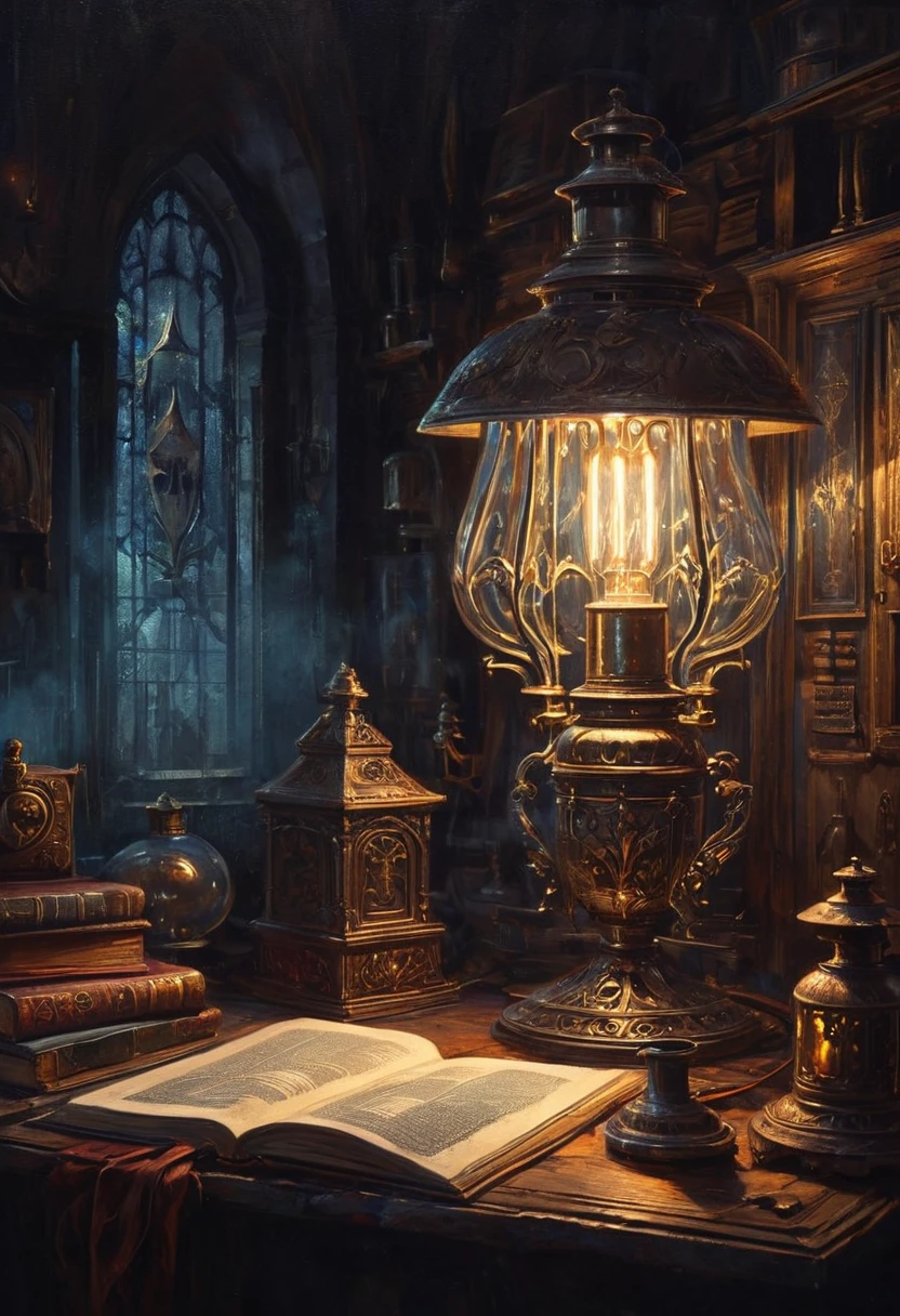 a Witch Writing adventure Diary, Dim oil lamp, dark light, small room, masterpiece, best quality, perfect composition, very aesthetic, absurdres, ultra-detailed, intricate details, Professional, official art, Representative work