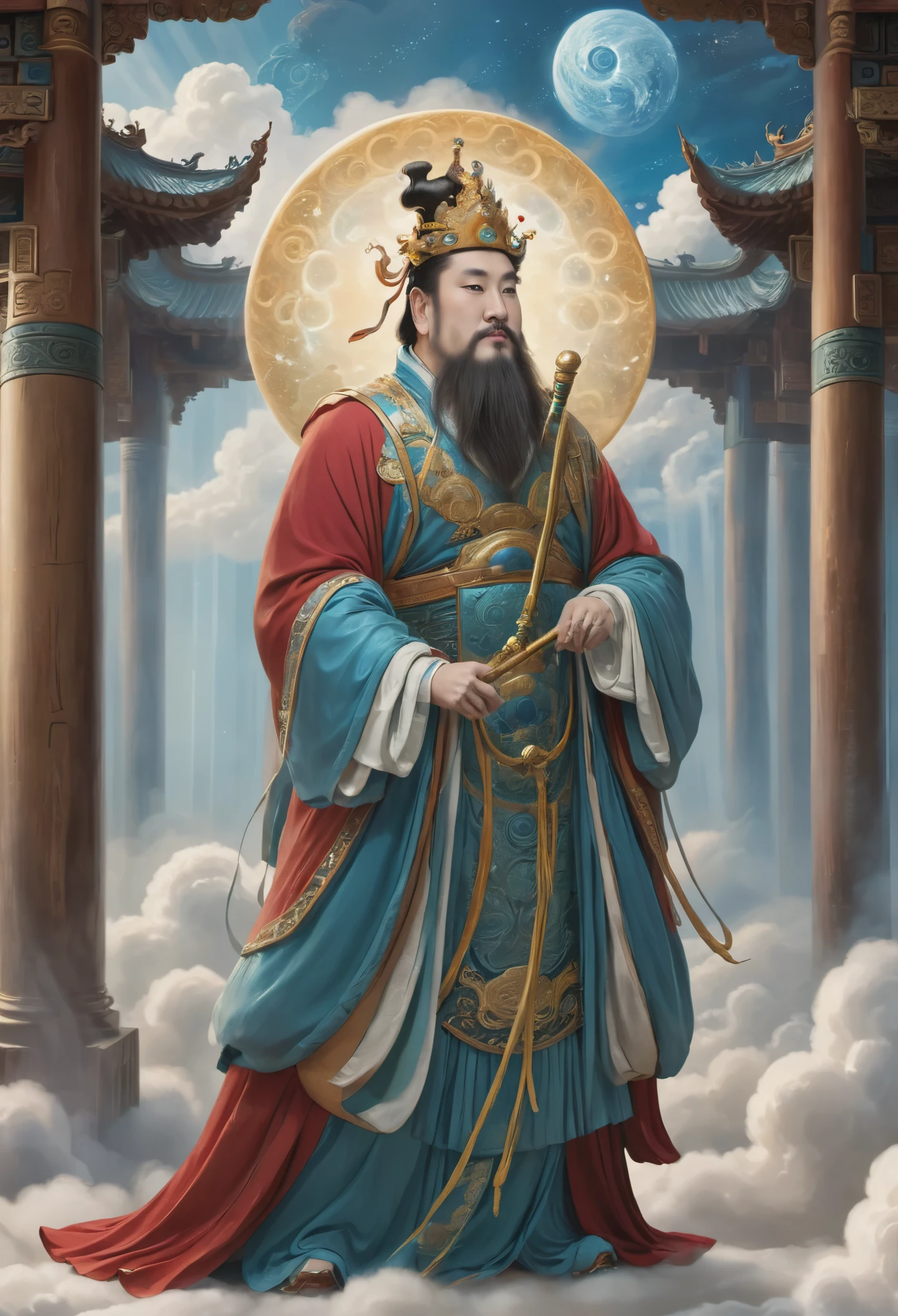 (masterpiece, best quality:1.2), yongle_style,1man,cloud,celestial crown,animated