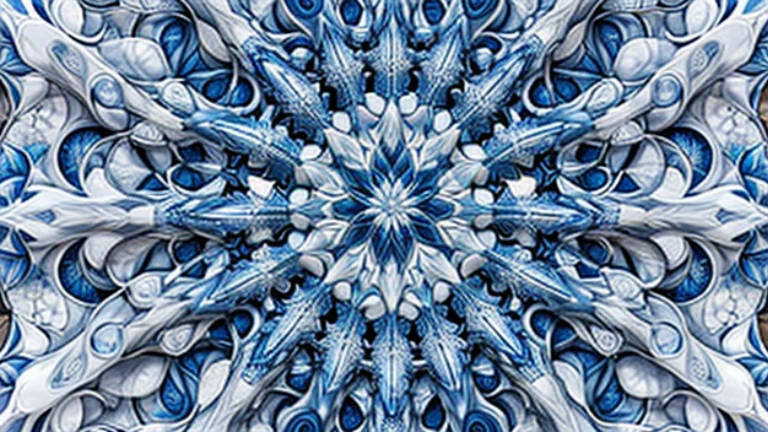 Symmetrical fractal design with star-like patterns in shades of blu and white with intricate details and organic shapes, featuring a kaleidoscope effect