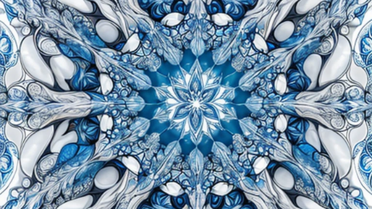 Symmetrical fractal design with star-like patterns in shades of blu and white with intricate details and organic shapes, featuring a kaleidoscope effect