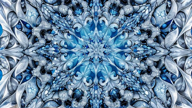 Symmetrical fractal design with star-like patterns in shades of blu and white with intricate details and organic shapes, featuring a kaleidoscope effect