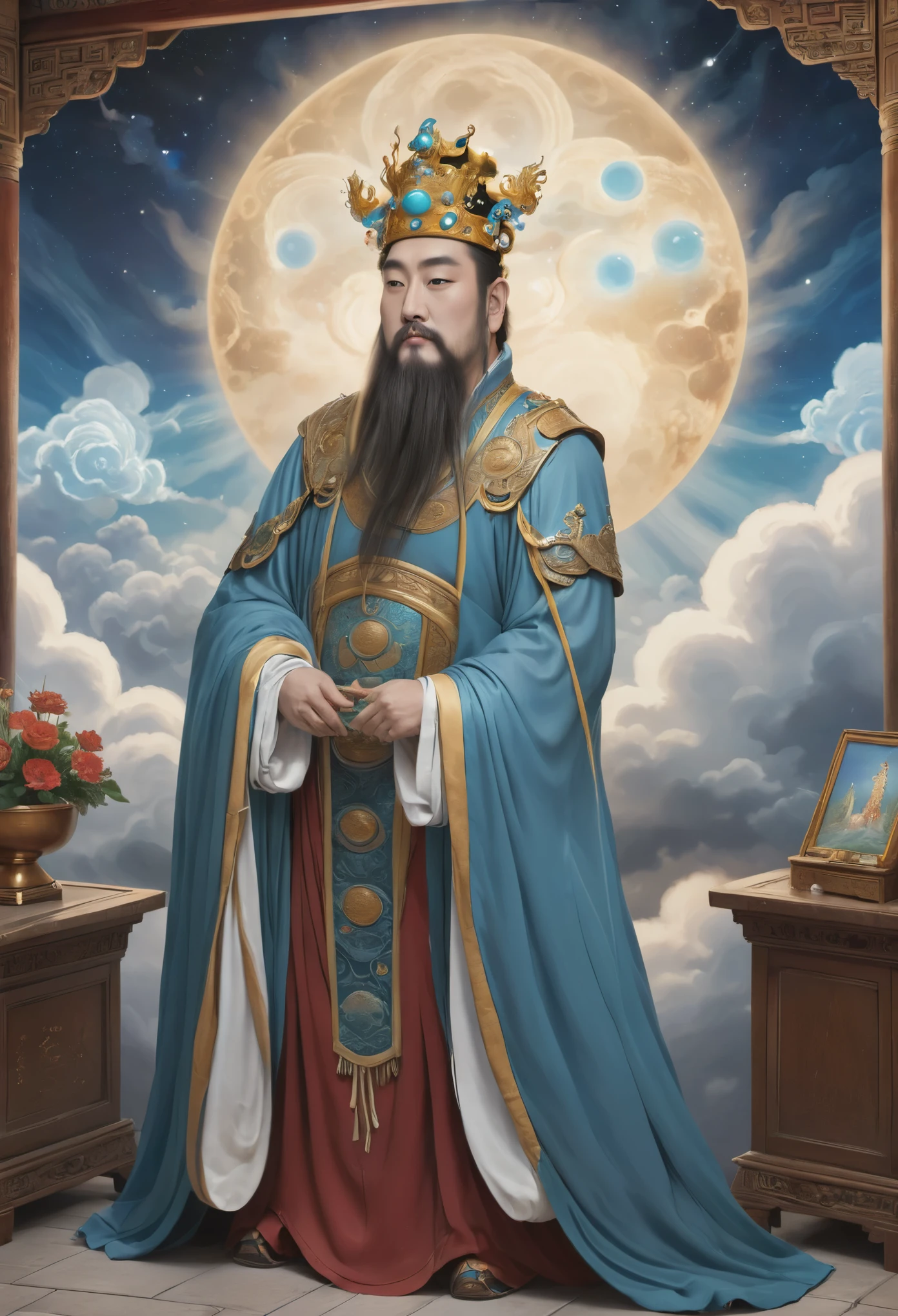 (masterpiece, best quality:1.2), yongle_style,1man,cloud,celestial crown,animated