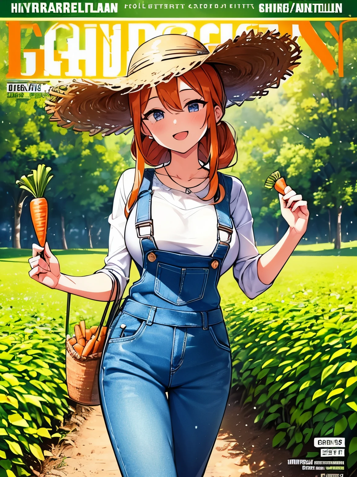 (Cover of an agricultural magazine:1.4)(best quality,8k,highres, masterpiece:1.2), ultra-detailed, HDR, UHD, studio lighting, ultra-fine painting, sharp focus, physically-based rendering, extreme detail description, professional, vivid colors, bokeh, portraits, concept artists, warm color palette, dramatic lighting,(shiny hair:1.4),Happy laugh,chose eyes,1 woman,Beautiful eyes,Cute face,Straw hats, gingham check shirts, and Long overalls,Walking,have some Freshly harvested carrots with soil on them,beautiful updo hairstyle,