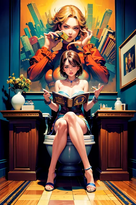 (best quality, highres:1.2), 1 woman, intricately detailed, sitting on toilet, holding book with aged magazine pages, inspired b...