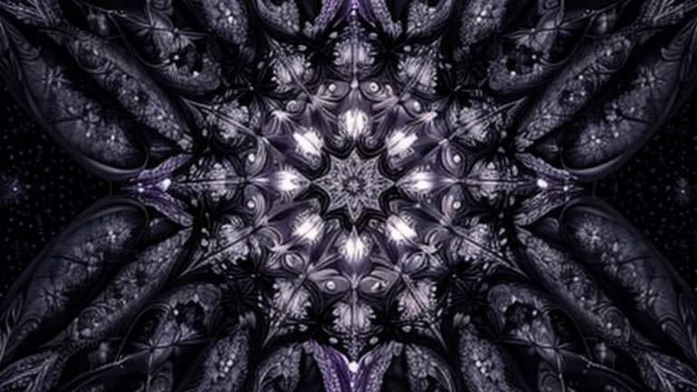 Symmetrical fractal design with star-like patterns in shades of purple with intricate detailling, set against a black blackground