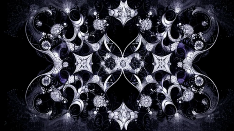 Symmetrical fractal design with star-like patterns in shades of purple with intricate detailling, set against a black blackground