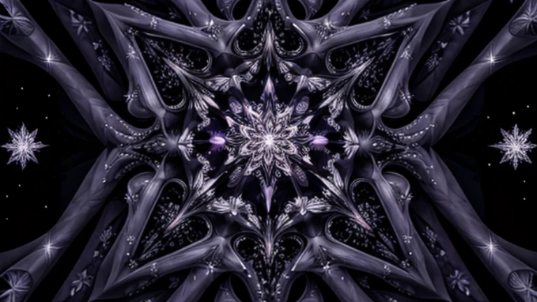 Symmetrical fractal design with star-like patterns in shades of purple with intricate detailling, set against a black blackground