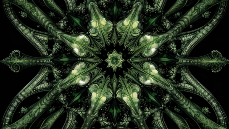 Symmetrical fractal design with star-like patterns in shades of green with intricate detailling, set against a black blackground