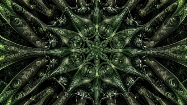 Symmetrical fractal design with star-like patterns in shades of green with intricate detailling, set against a black blackground