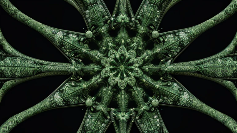 Symmetrical fractal design with star-like patterns in shades of green with intricate detailling, set against a black blackground