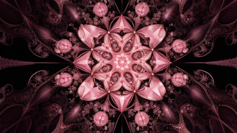 Symmetrical fractal design with star-like patterns in shades of pink with intricate detailling, set against a black blackground