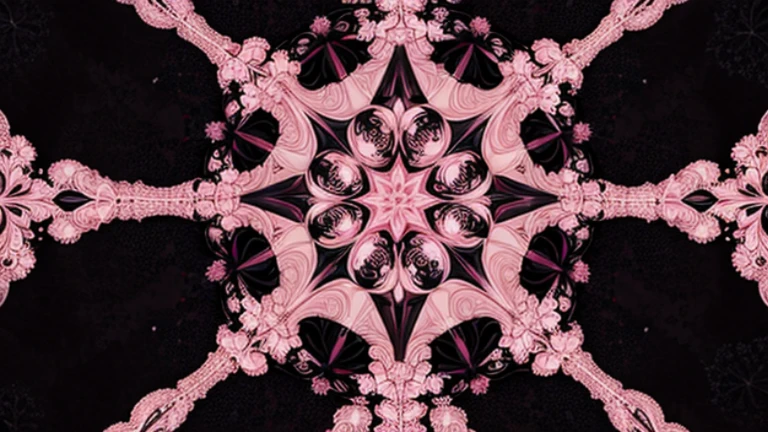 Symmetrical fractal design with star-like patterns in shades of pink with intricate detailling, set against a black blackground