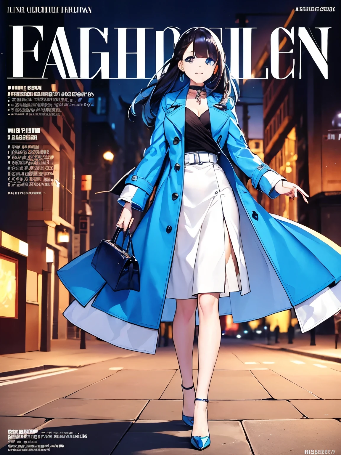 (cover of Fashion magazine:1.4)(best quality,8k,highres, masterpiece:1.2), ultra-detailed, HDR, UHD, studio lighting, ultra-fine painting, sharp focus, physically-based rendering, extreme detail description, professional, vivid colors, bokeh, portraits, concept artists, warm color palette, dramatic lighting,(shiny hair:1.4),Happy laugh,chose eyes,1 woman,Beautiful eyes,Cute face,Pale blue trench coat, high heels, trad vivid blue suit, bright blue Hermès Kelly bag for a quick walk around the city,